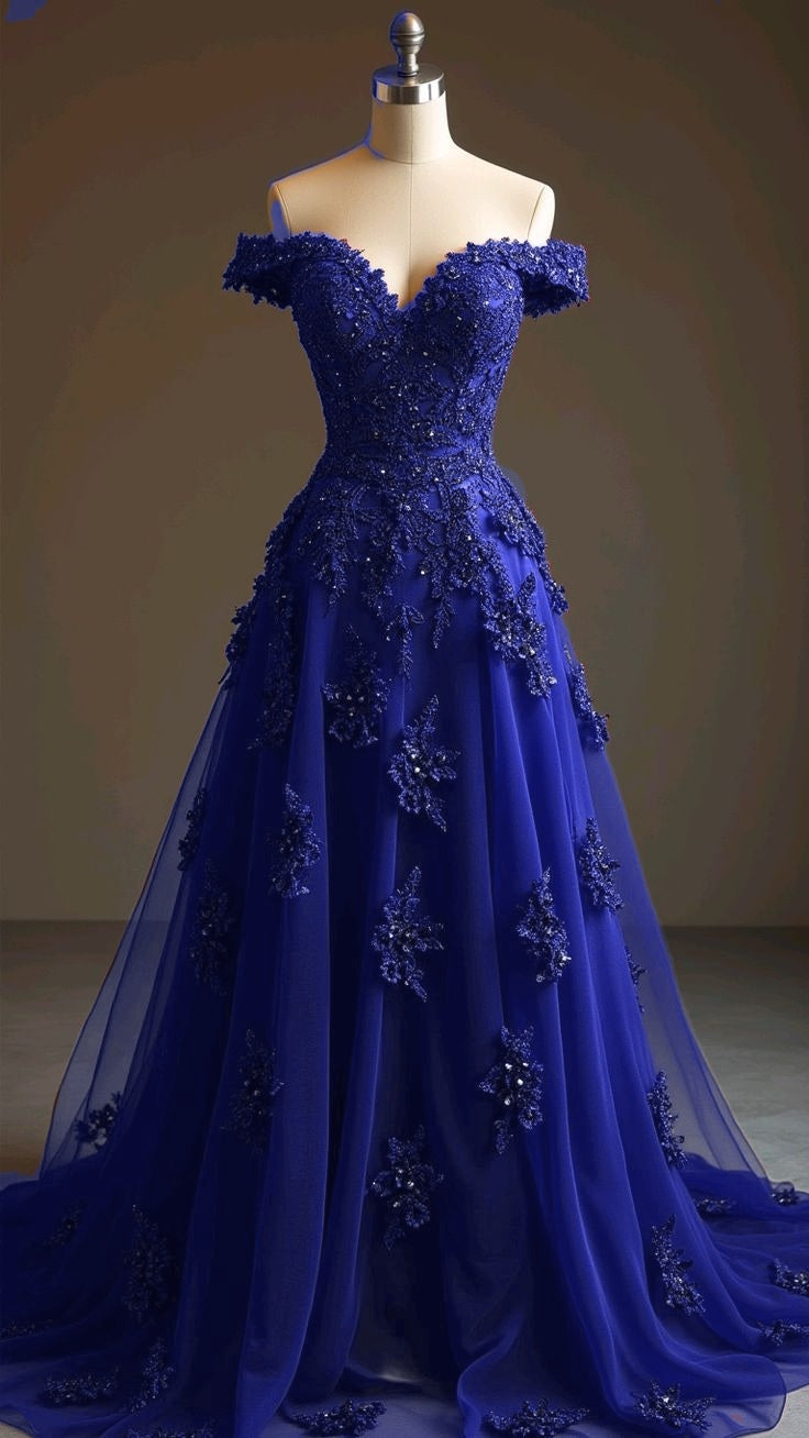 Gorgeous Red A-line Off-the-shoulder Tulle Beaded Long Prom Dress Formal Applique Evening Dress ED01977