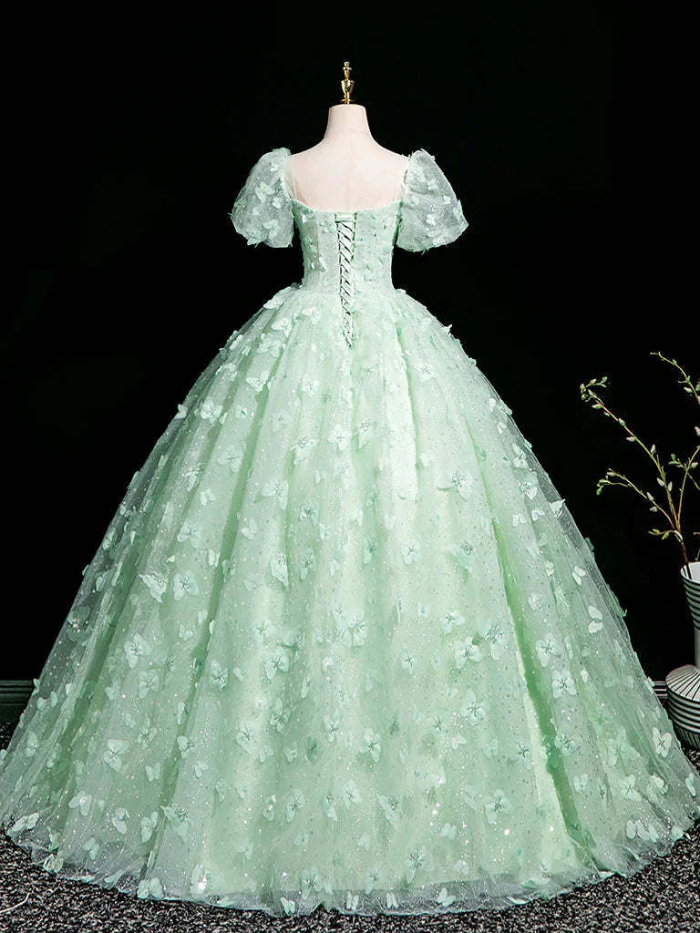 Fairytale Mint Green A-Line Puff Sleeves Tulle Lace Long Prom Dress Formal Dress ED01983