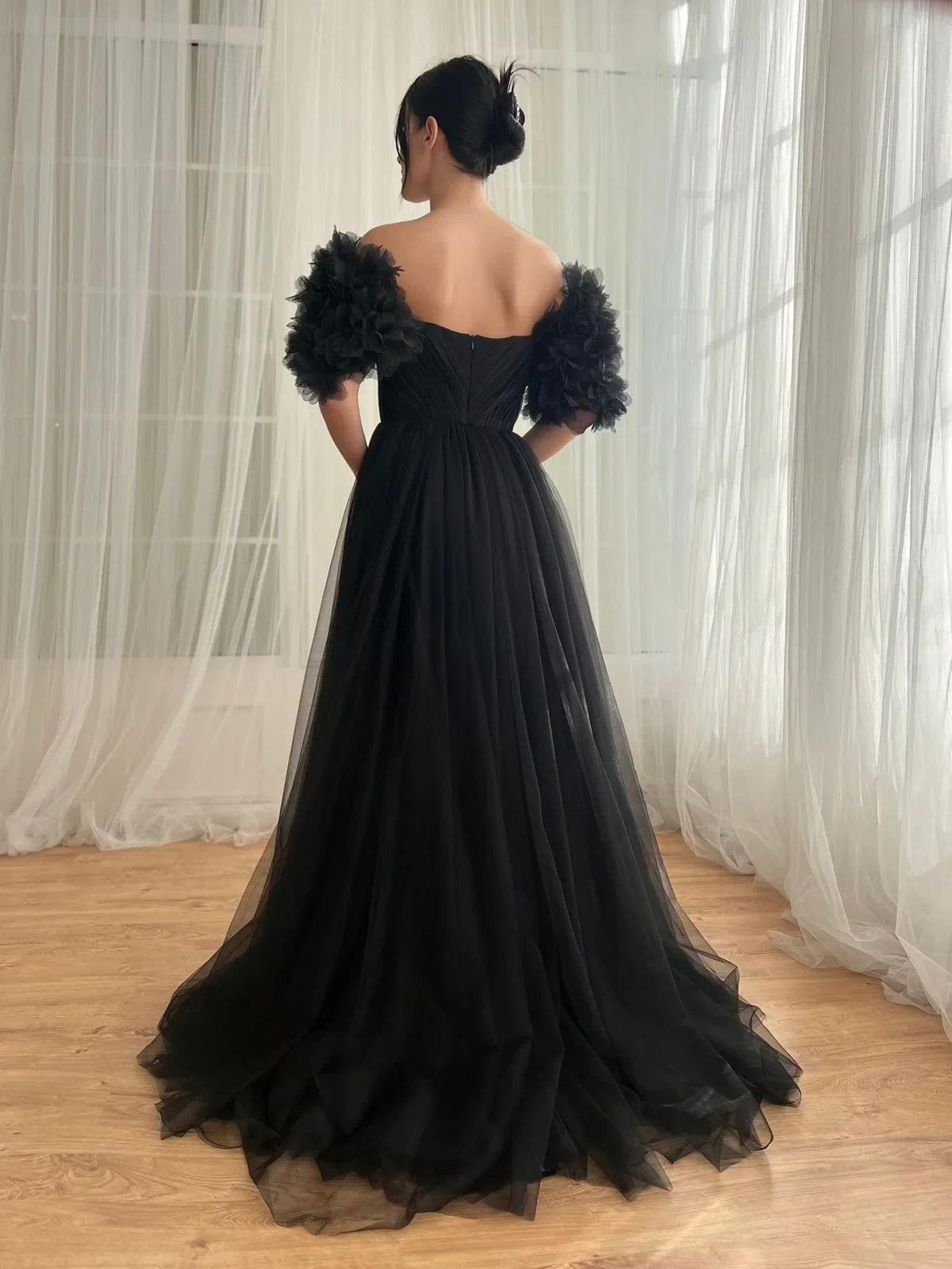 Black Sexy Off-shoulder Tulle Long Prom Dresses Elegant Formal Evening Dresses with Slits ED01984