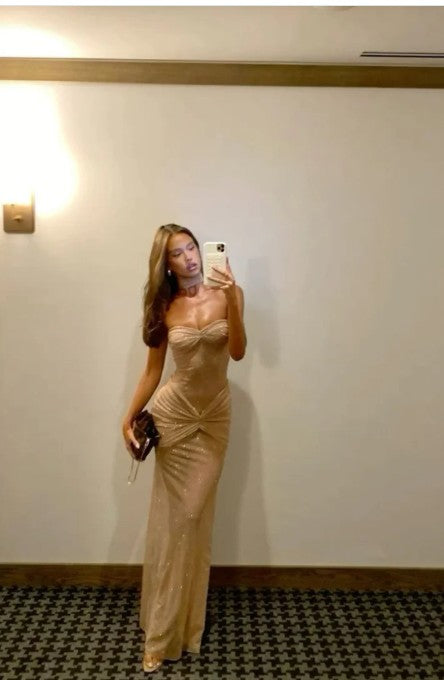 Elegant Champagne Strapless Sheath Sparkling Tulle Long Prom Dress Sexy Party Dress ED01987