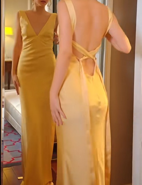 Simple Yellow Satin Sheath V Neck Backless Party Dress Sexy Elegant Evening Dress ED01999