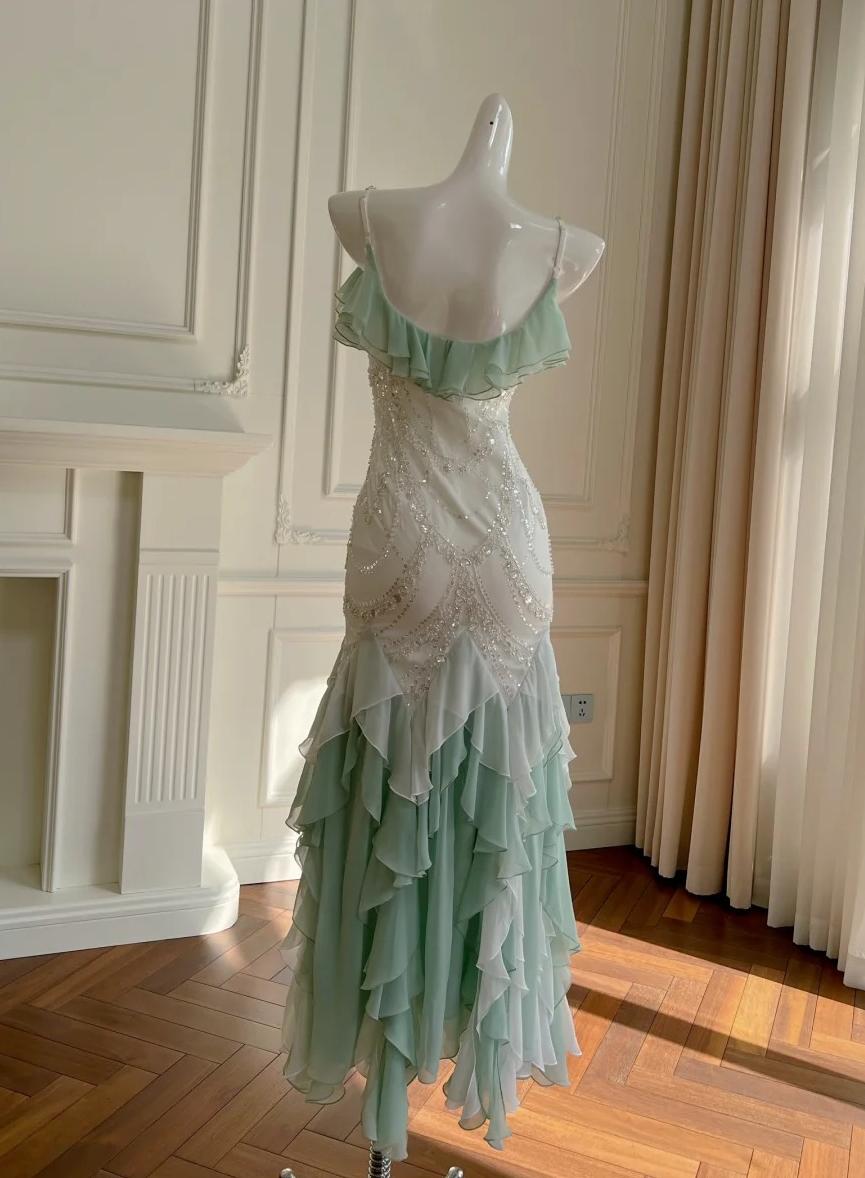 Fairytale Mint Green Spaghetti Straps Chiffon Ruffled Prom Dresses Shiny Beaded Sequined Backless Evening Dresses ED02006