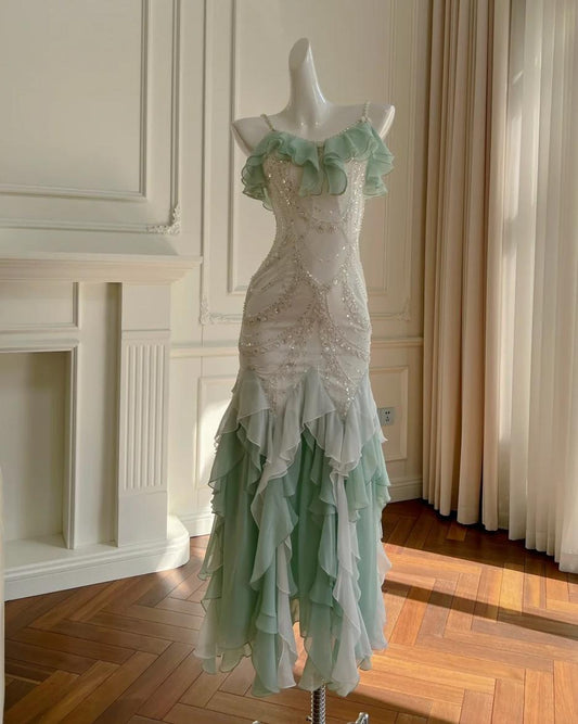 Fairytale Mint Green Spaghetti Straps Chiffon Ruffled Prom Dresses Shiny Beaded Sequined Backless Evening Dresses ED02006