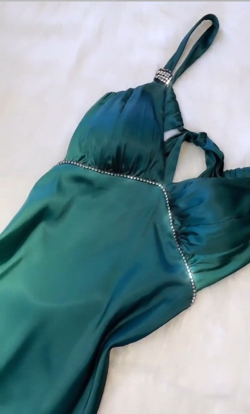 Vintage Gradient Teal V-neck Spaghetti Strap Satin Party Dresses Elegant Backless Prom Dress ED02007