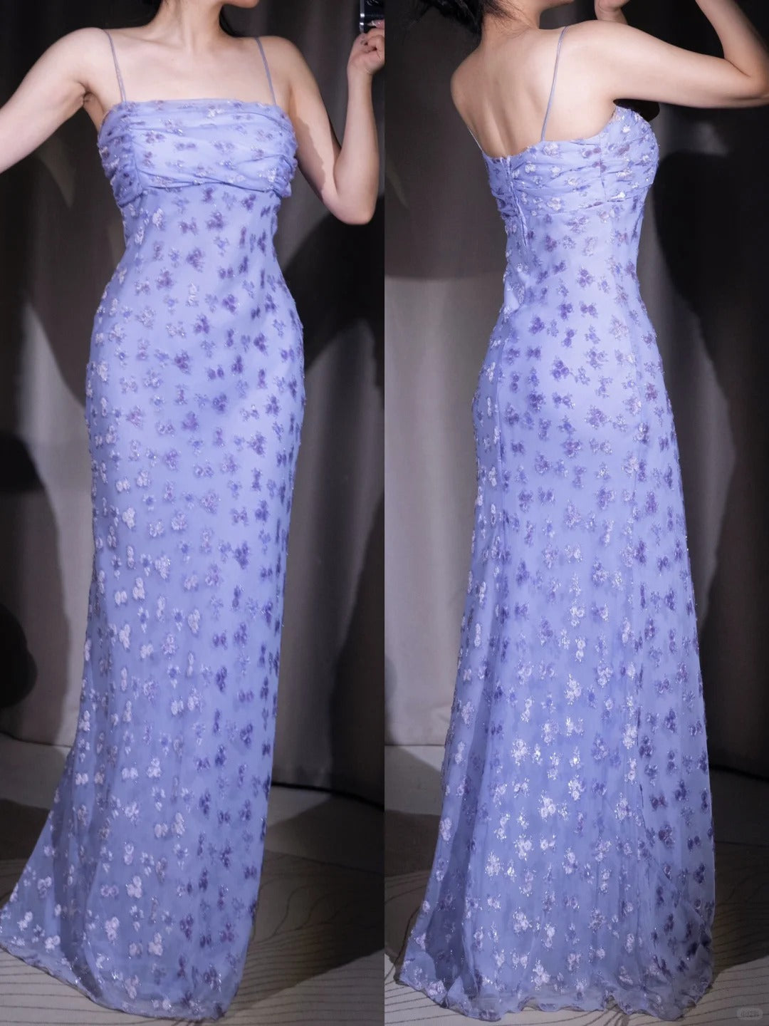 Gothic Elegant Purple Chiffon Sheath Party Dresses Spaghetti Straps Shiny Beaded Long Prom Dresses ED02019