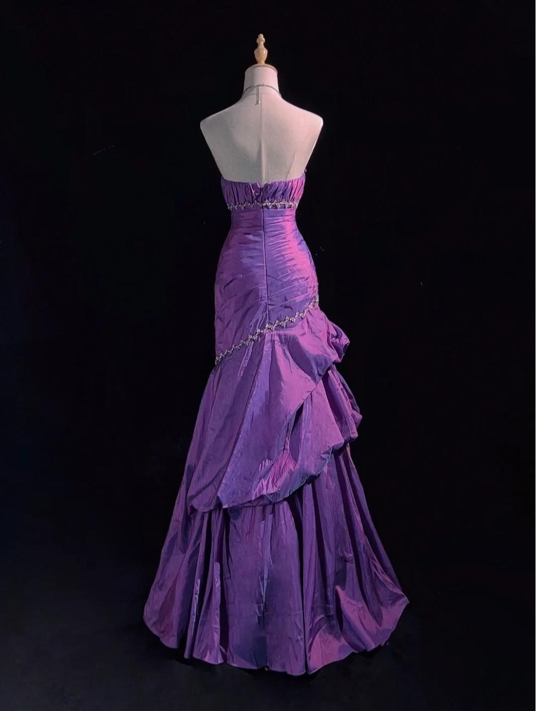 Glam Purple Strapless Mermaid Taffeta Long Prom Dresses Elegant Formal Evening Dresses with Beading ED02033