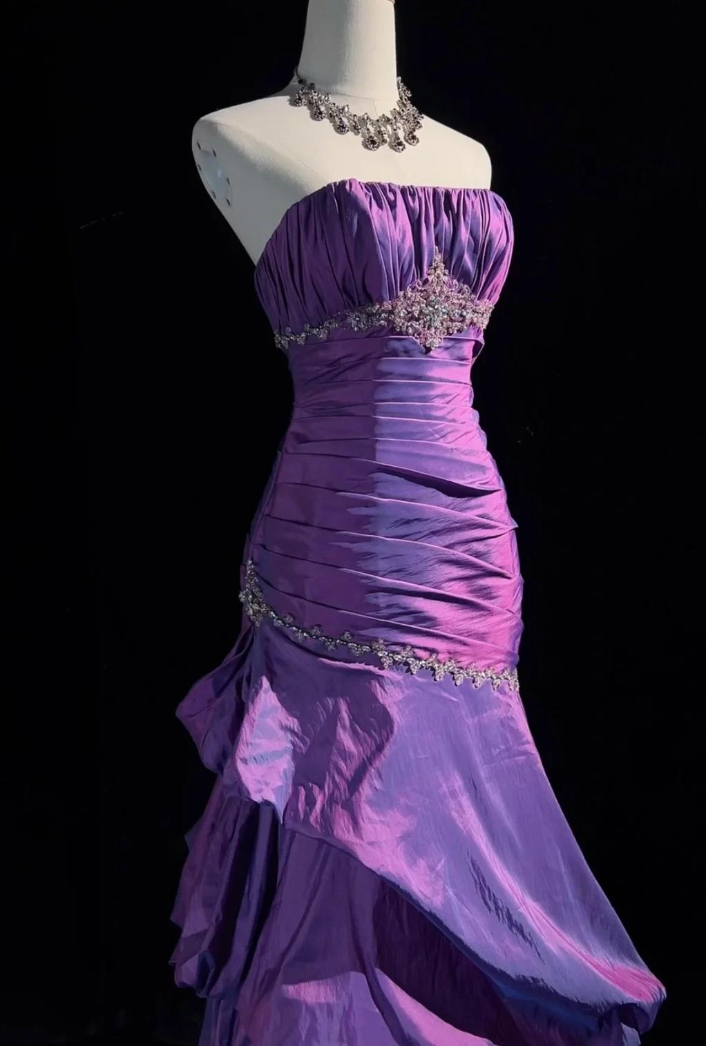 Glam Purple Strapless Mermaid Taffeta Long Prom Dresses Elegant Formal Evening Dresses with Beading ED02033