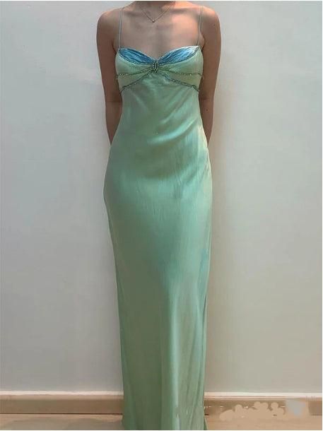 Fairytale Spaghetti Strap Green Satin Sheath Evening Dresses Gothic Prom Dresses ED02054