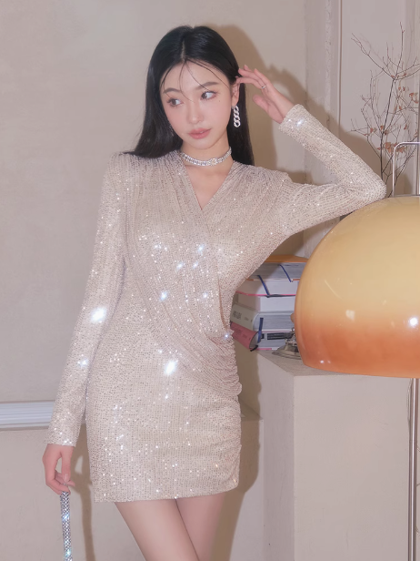 French style sequined short skirt V-neck long sleeve dress ED0206