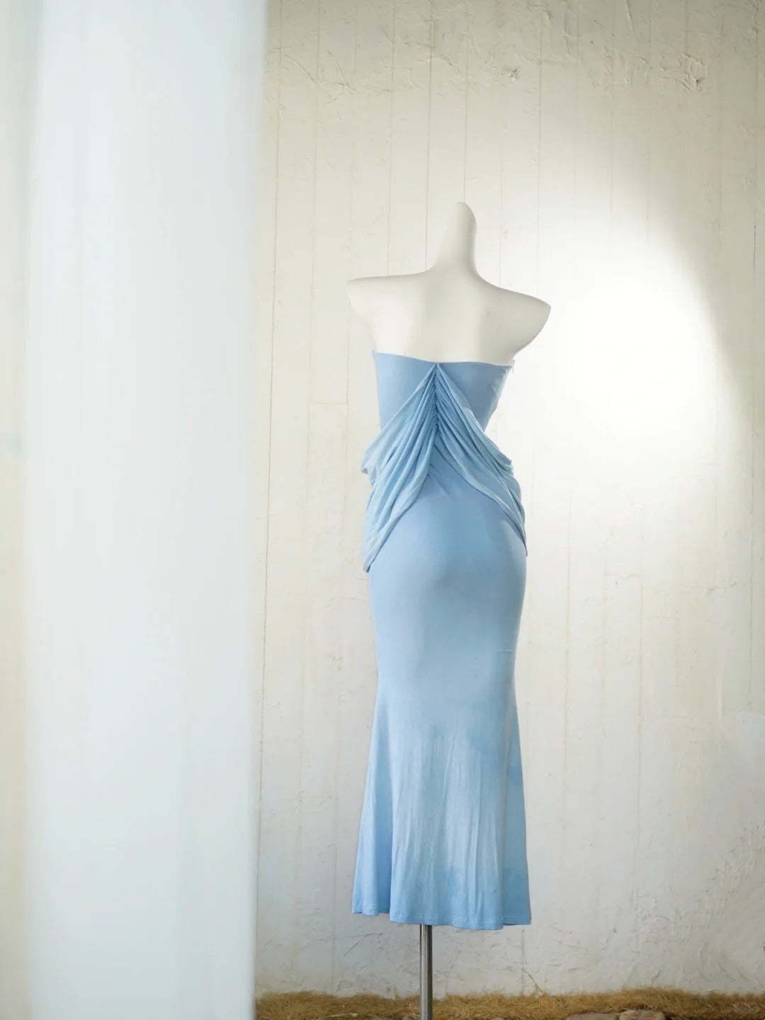 Elegant Light Blue Strapless Party Dress Simple Mermaid Evening Dress ED02070