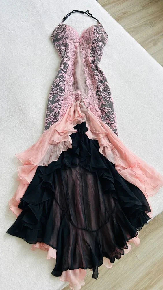 Vintage Pink Spaghetti Strap Sweetheart Neck Chiffon Prom Dress Lace Applique Party Dresses ED02075