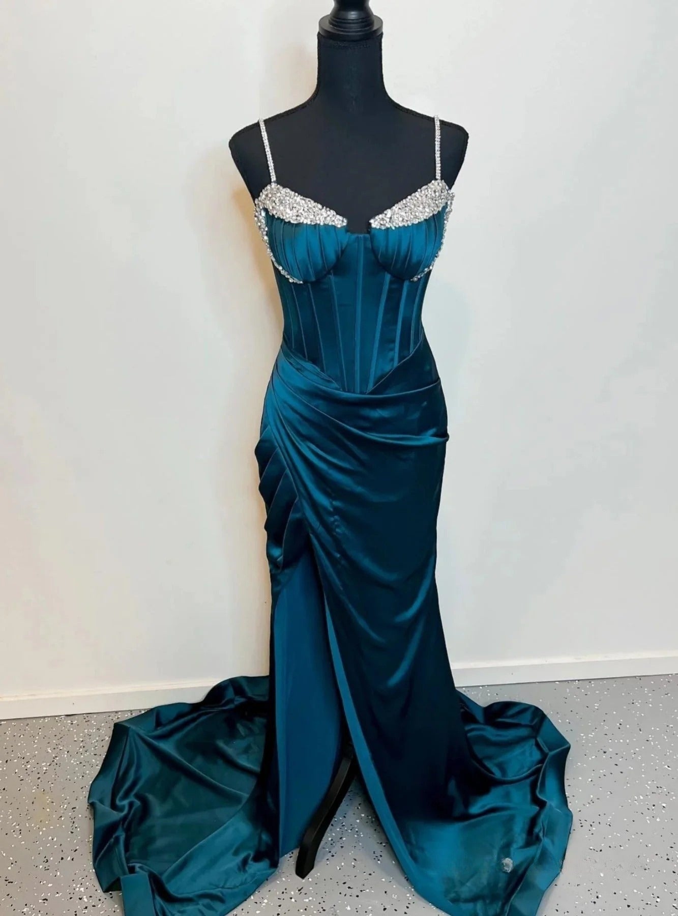 Gorgeous Dark Teal Spaghetti Strap Mermaid Satin Beaded Formal Evening Dress Long Prom Dresses ED02087