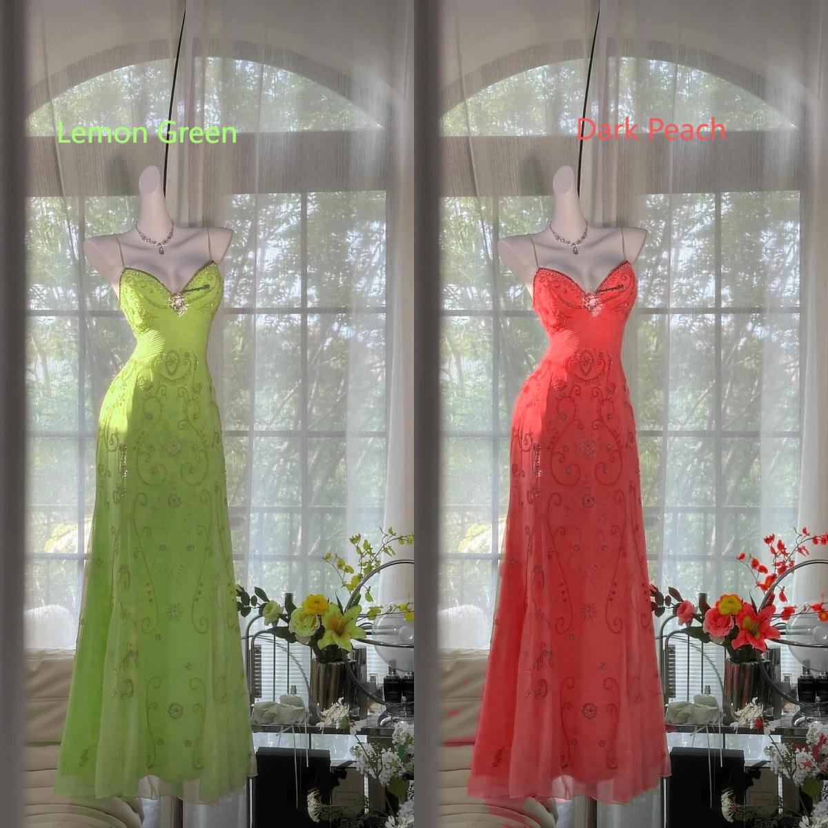 Gorgeous Butter Yellow Spaghetti Straps A-line Tulle Beaded Long Prom Dresses Backless Evening GownsED02094