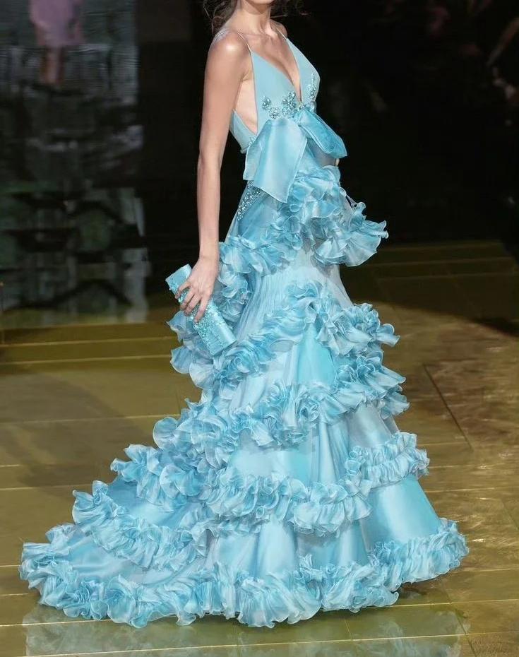 Gorgeous Blue Spaghetti Straps Chiffon Mermaid Formal Evening Dress Unique Wedding Dress ED02102