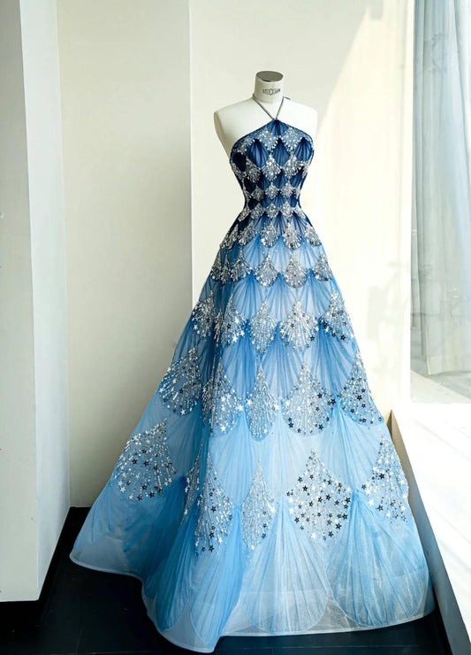Fashionable Ocean Blue Halter A-Line Tulle Sequin Wedding Dress Long Prom Dress ED02111