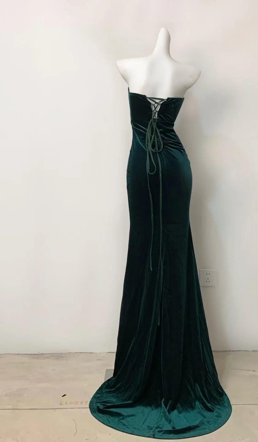 Elegant Dark Green Strapless Mermaid Velvet Long Evening Dress ED02113