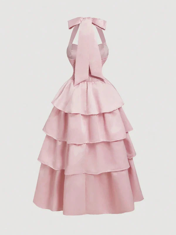 Pink A-Line Halter Tiered Satin Empire-Waist Sleeveless Prom Dress Bridesmaid Dress with Bow  ED02118