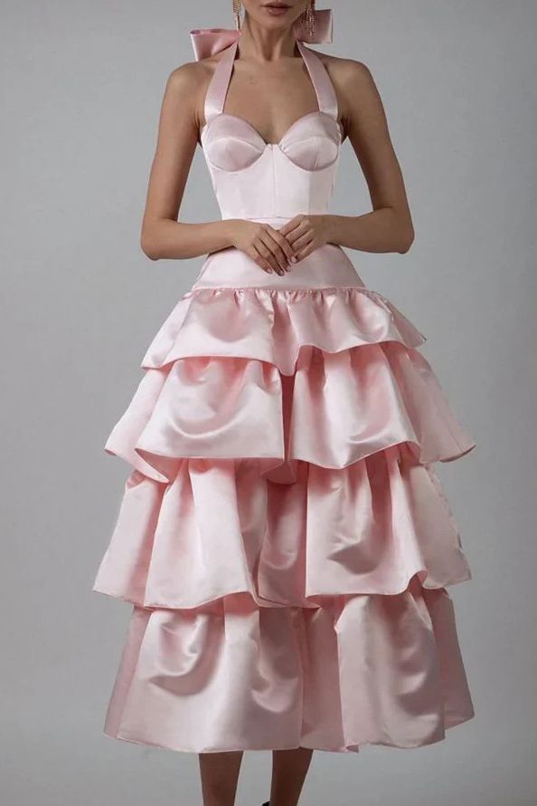 Pink A-Line Halter Tiered Satin Empire-Waist Sleeveless Prom Dress Bridesmaid Dress with Bow  ED02118