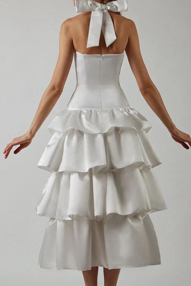 Pink A-Line Halter Tiered Satin Empire-Waist Sleeveless Prom Dress Bridesmaid Dress with Bow  ED02118