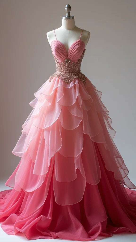 Gorgeous Gradient Peach Spaghetti Straps Chiffon A-Line Beading Wedding Dress Long Prom Dresses ED02148