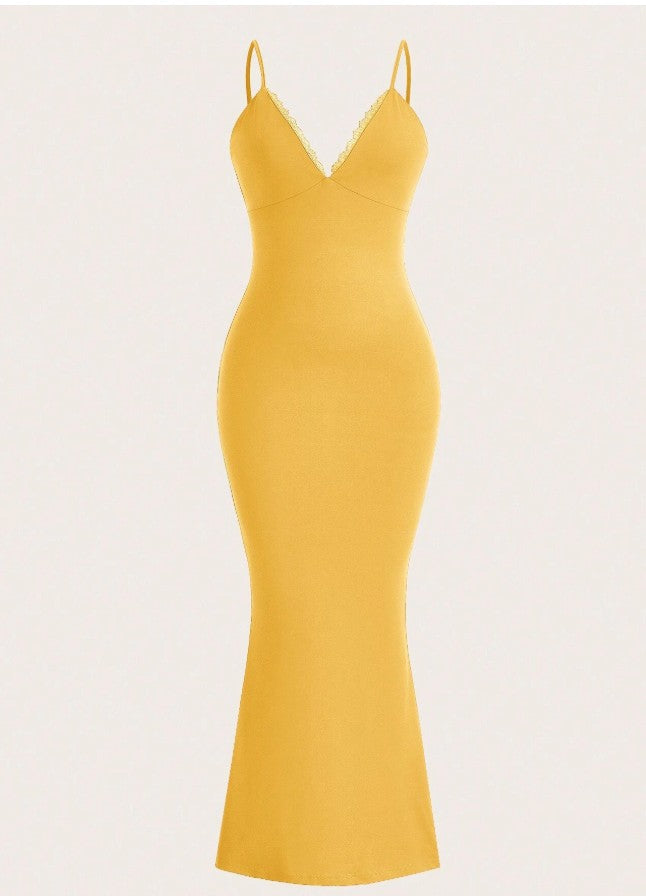 Yellow Spaghetti Strap Bodycon V Neck Party Dress ED02172