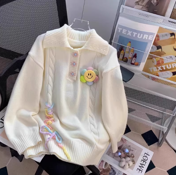 Preppy style polo collar sweet loose sweater ED0217