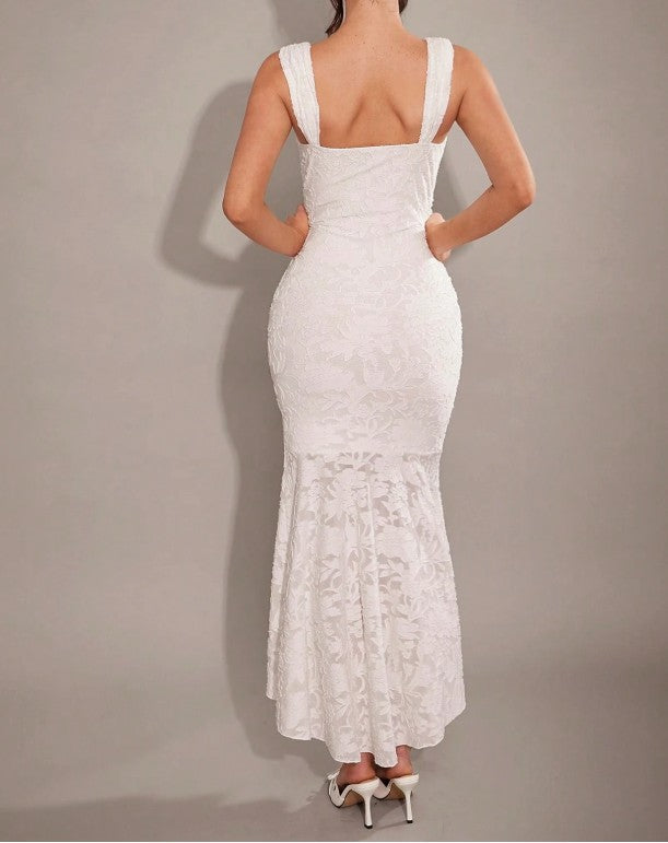Elegant White Jacquard Chiffon Mermaid Bridesmaid Dress Fashion Party Dress ED02184