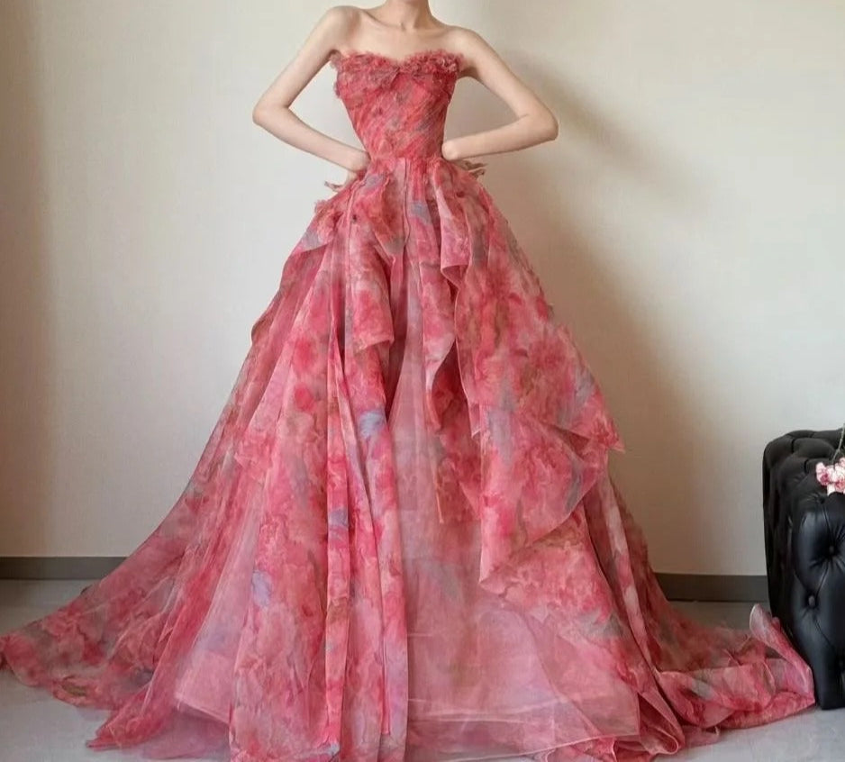 Gorgeous Red A-Line Strapless Printed Tulle Wedding Dress Sweet Long Prom Dresses ED02195
