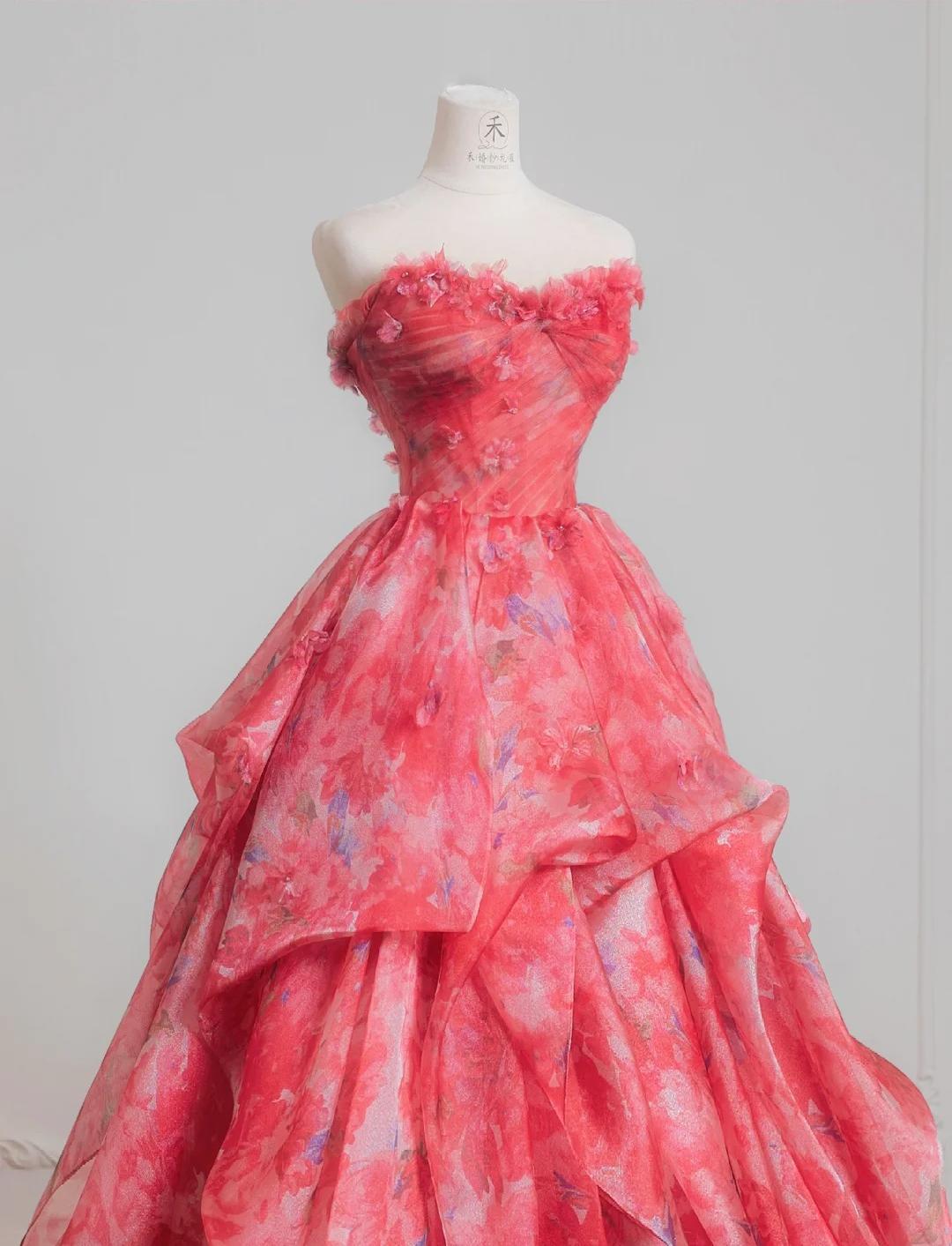 Gorgeous Red A-Line Strapless Printed Tulle Wedding Dress Sweet Long Prom Dresses ED02195