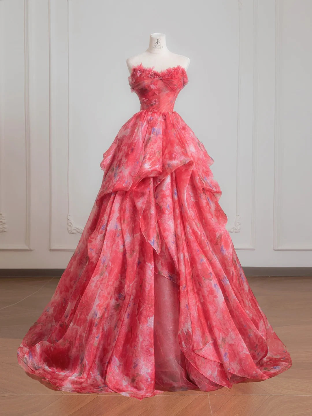 Gorgeous Red A-Line Strapless Printed Tulle Wedding Dress Sweet Long Prom Dresses ED02195