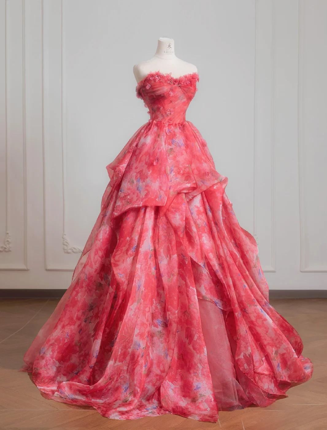 Gorgeous Red A-Line Strapless Printed Tulle Wedding Dress Sweet Long Prom Dresses ED02195