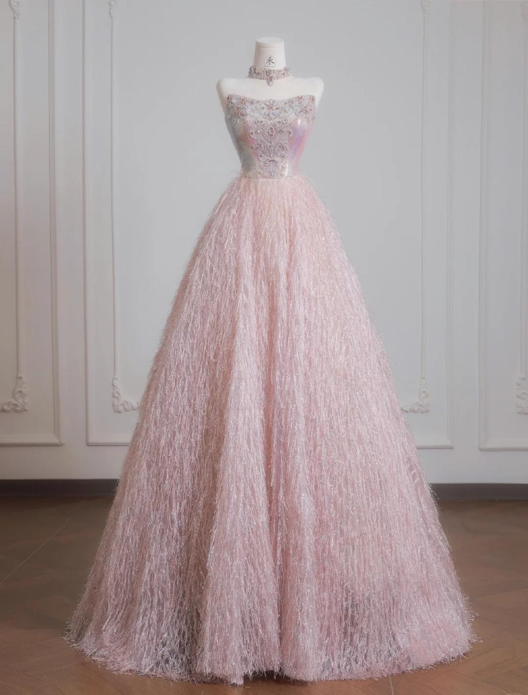 Sweet Pink Strapless Beaded Tulle Wedding Dress, A-Line Long Prom Dresses ED02197
