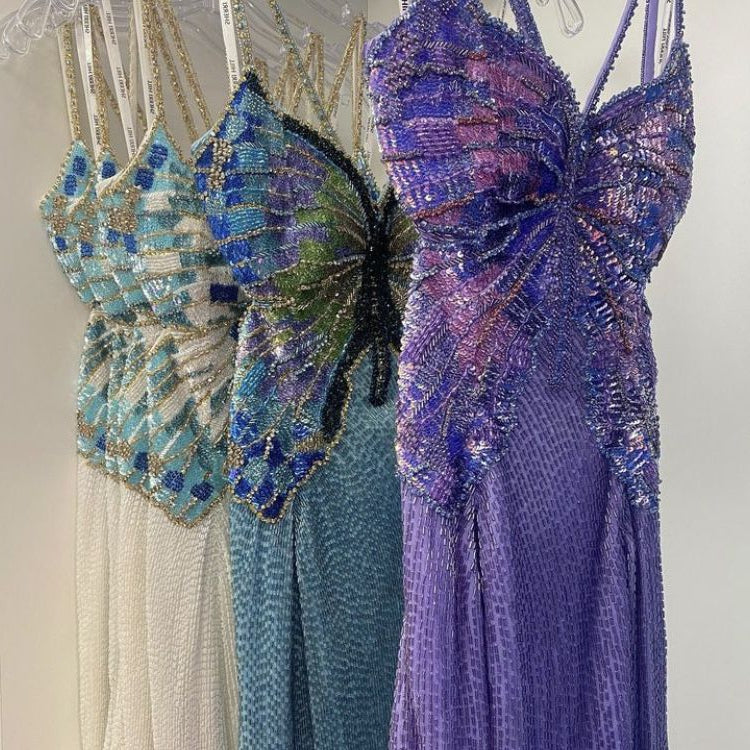 Vintage Purple Chiffon Beaded Sheath Elegant Backless Prom Dresses with Slits ED02201
