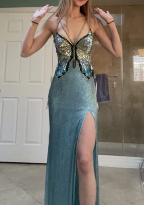 Vintage Purple Chiffon Beaded Sheath Elegant Backless Prom Dresses with Slits ED02201