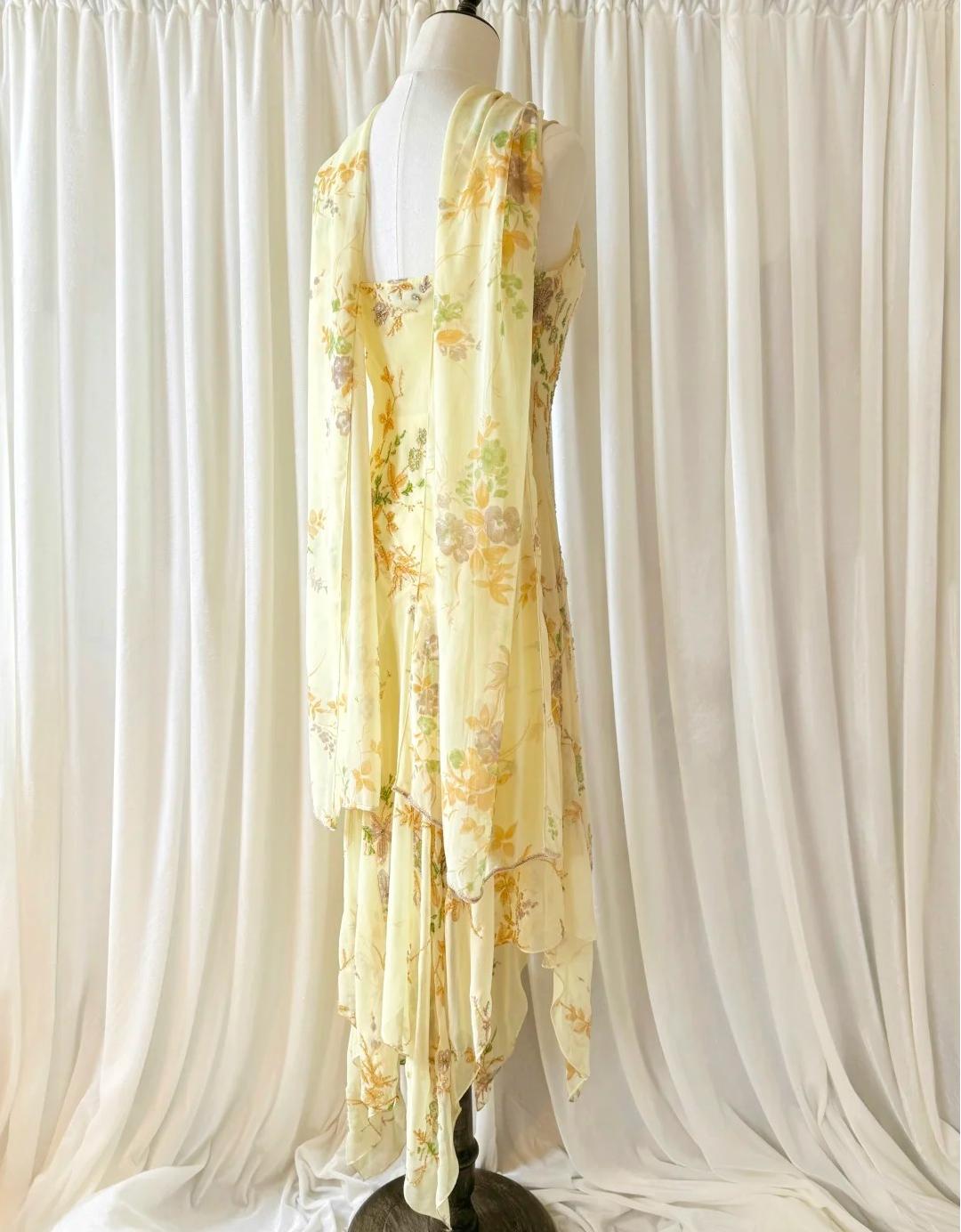 Vintage Yellow Beaded Chiffon Spaghetti Straps Sheath Prom Dresses ED02226
