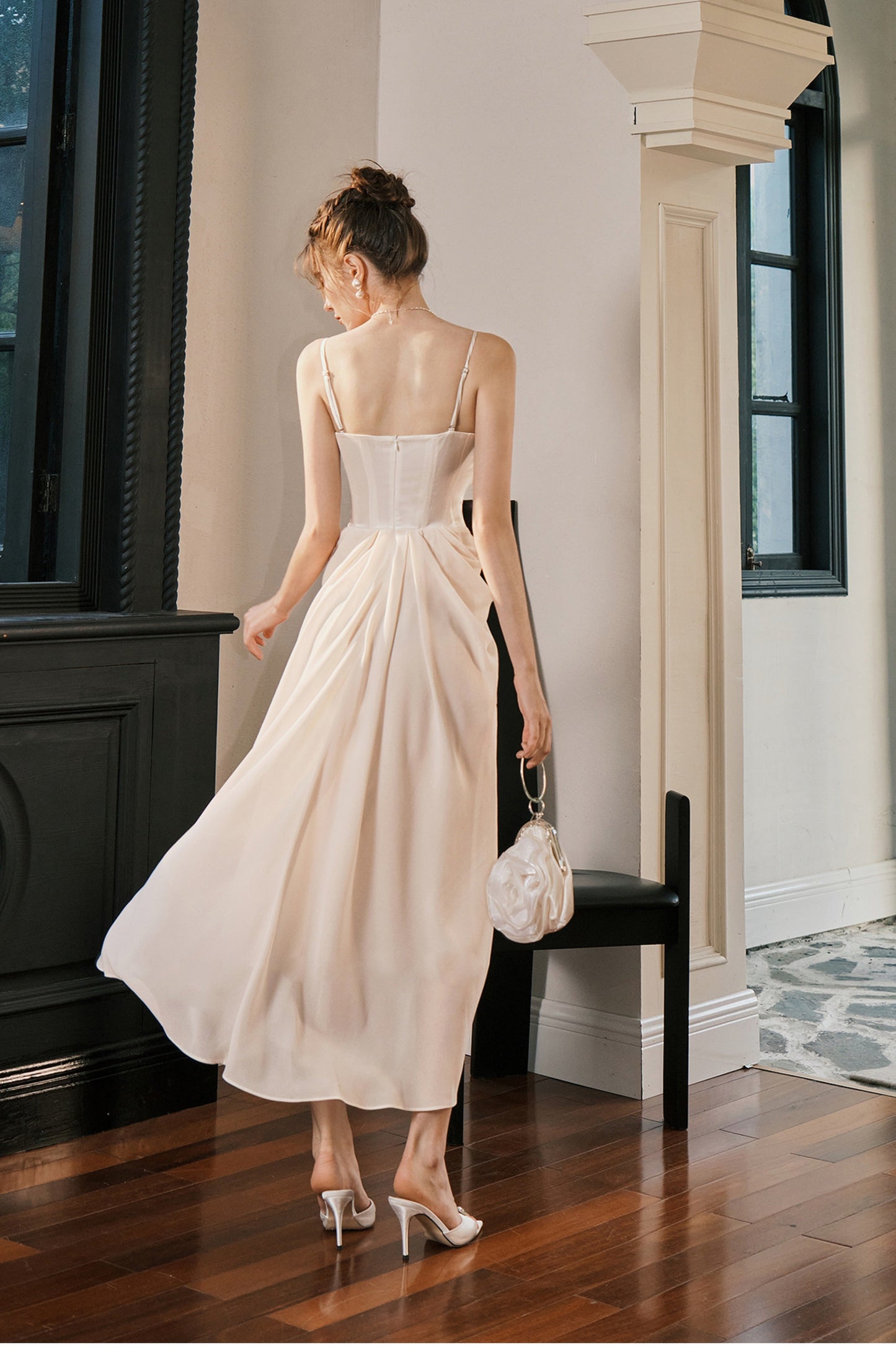 Light Champagne French Pearl Pendant Party Dress Satin Spaghetti Straps Chiffon Birthday Dress ED02245