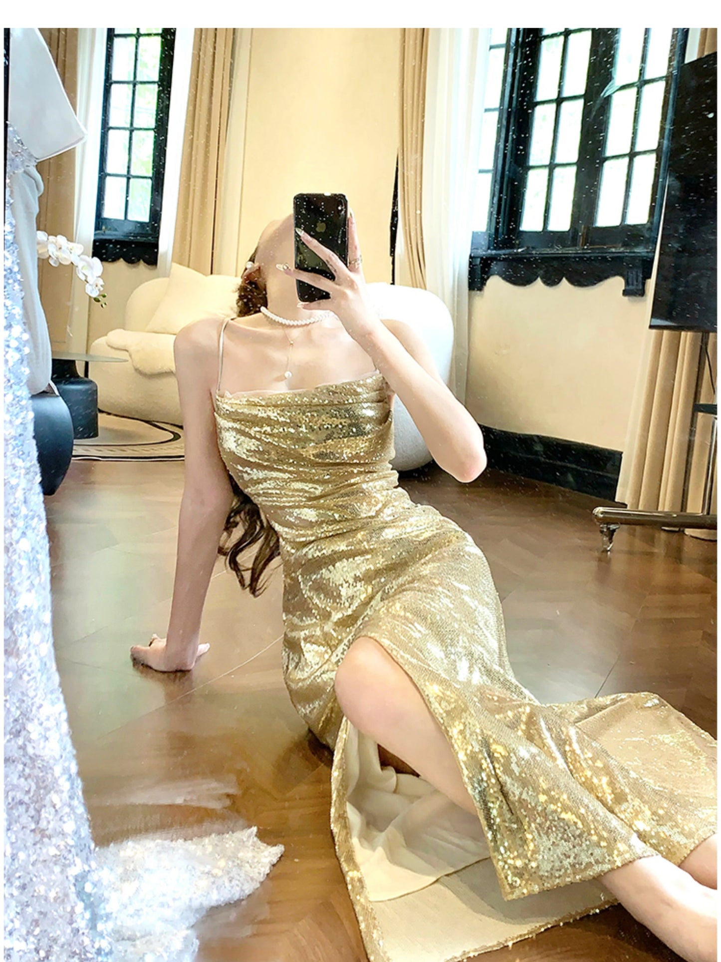 Elegant Gold Sequin Spaghetti Strap A-Line Evening Dress Backless Sparkling Birthday Party Dress ED02247