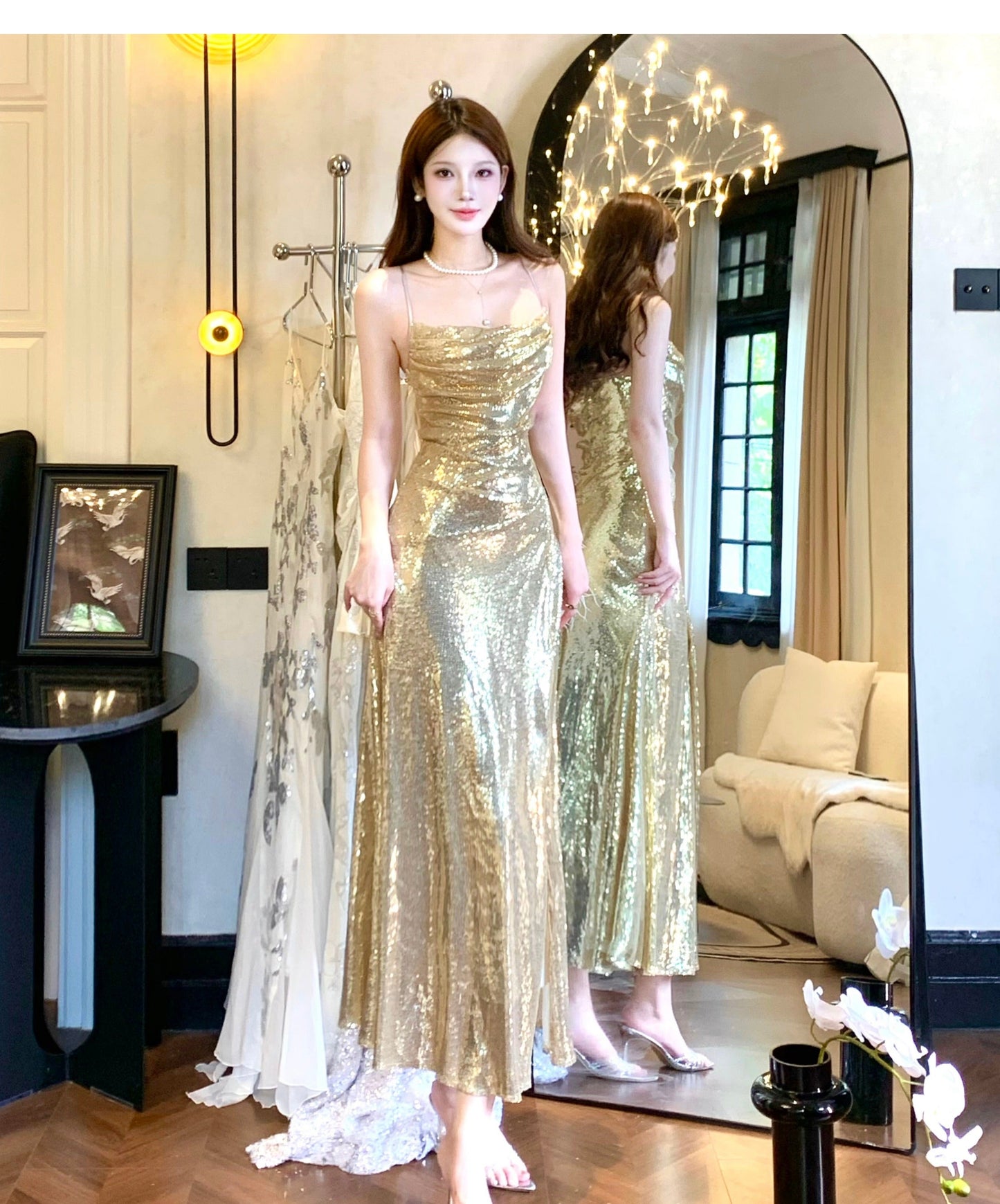Elegant Gold Sequin Spaghetti Strap A-Line Evening Dress Backless Sparkling Birthday Party Dress ED02247
