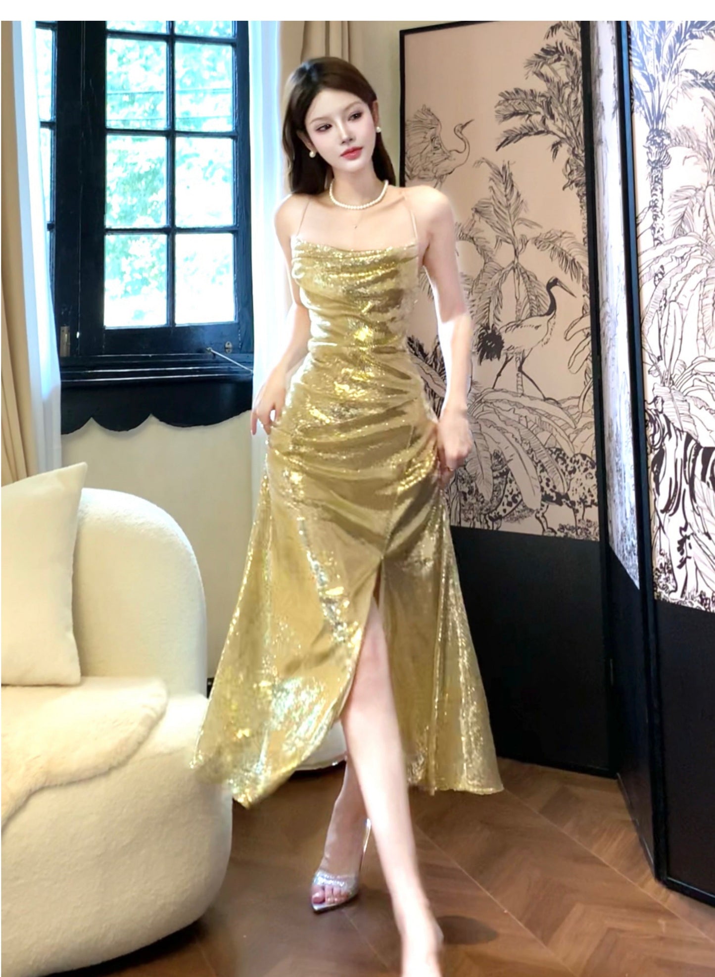 Elegant Gold Sequin Spaghetti Strap A-Line Evening Dress Backless Sparkling Birthday Party Dress ED02247