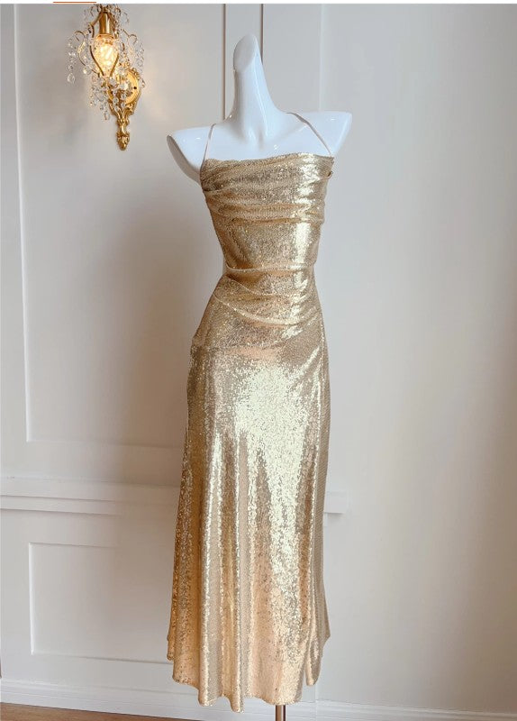 Elegant Gold Sequin Spaghetti Strap A-Line Evening Dress Backless Sparkling Birthday Party Dress ED02247