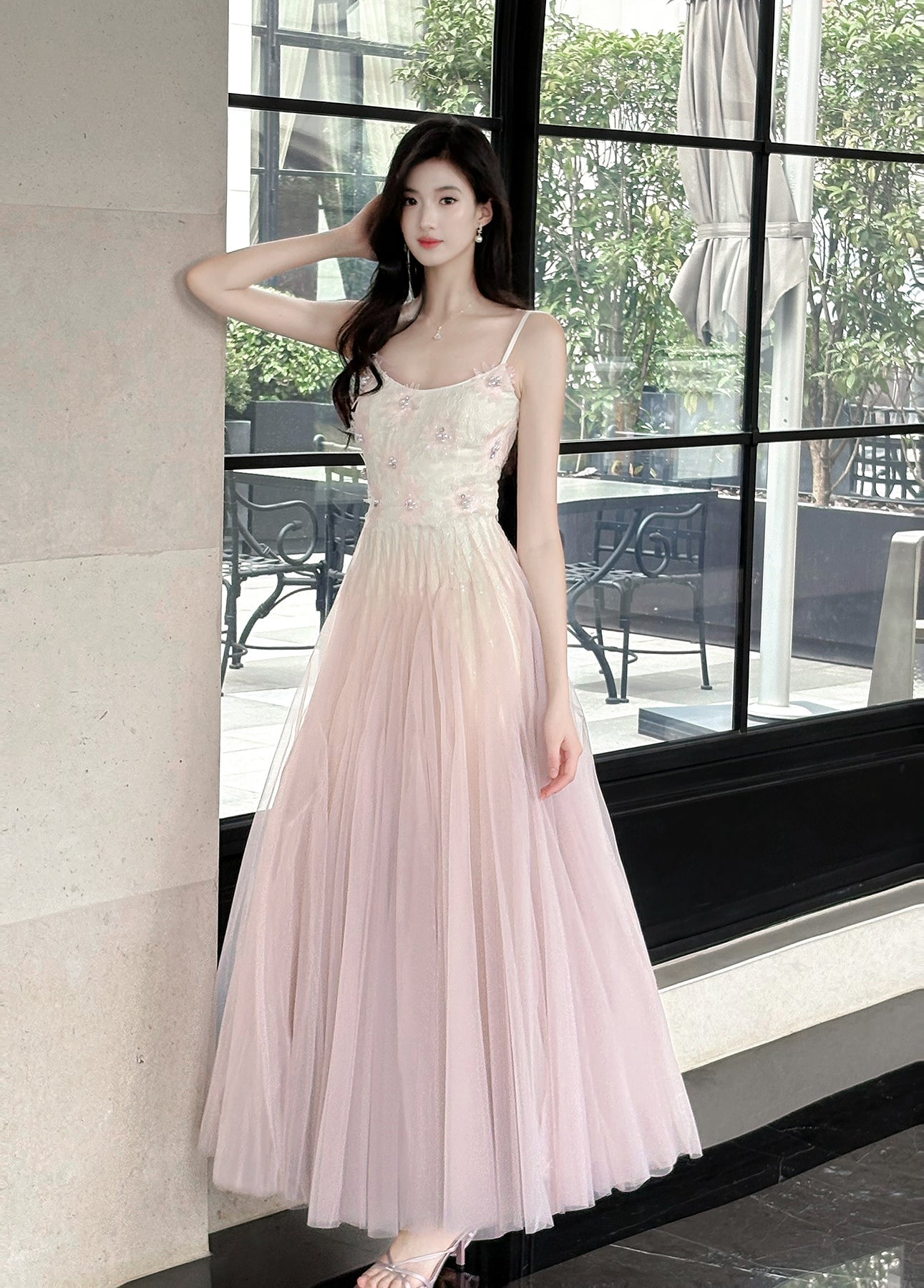 Sweet Pink Purple Lace Tulle Spaghetti Strap A-Line Prom Dresses ED02258