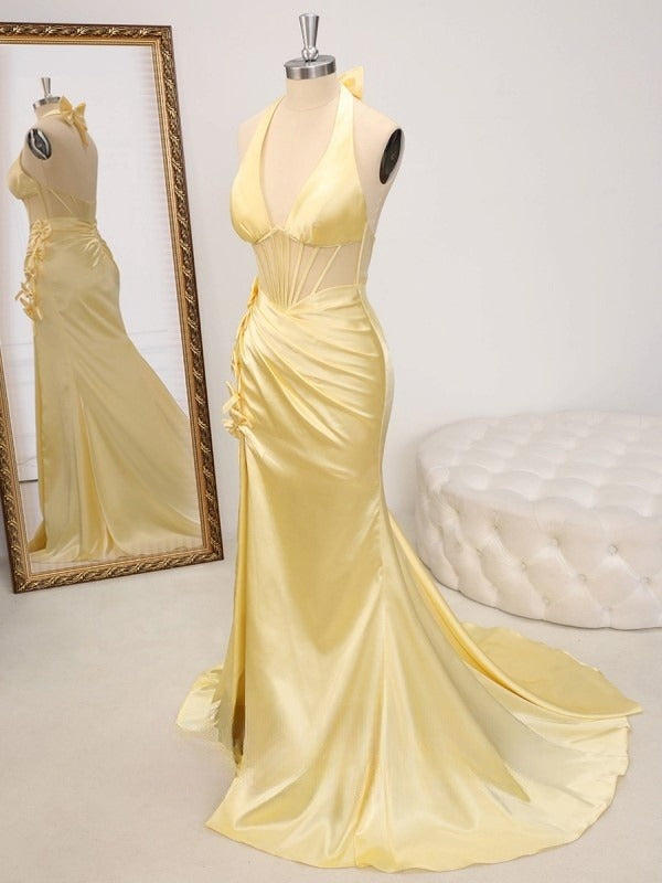 Gorgeous Butter Yellow V-Neck Satin Mermaid Prom Dresses Formal Evening Dresses ED02264