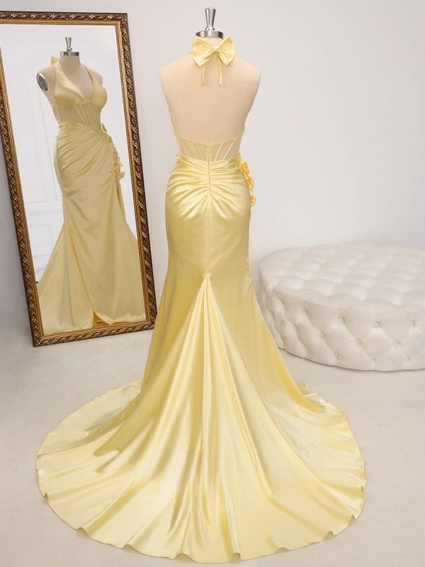Gorgeous Butter Yellow V-Neck Satin Mermaid Prom Dresses Formal Evening Dresses ED02264