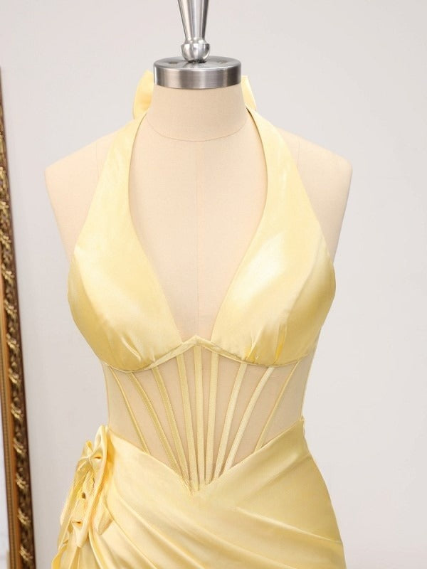 Gorgeous Butter Yellow V-Neck Satin Mermaid Prom Dresses Formal Evening Dresses ED02264