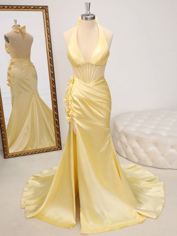 Gorgeous Butter Yellow V-Neck Satin Mermaid Prom Dresses Formal Evening Dresses ED02264