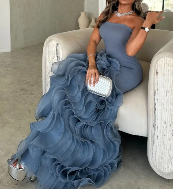 Dusty Blue Mermaid Strapless Long Tulle Prom Dress with Ruffle Evening Gowns ED02269
