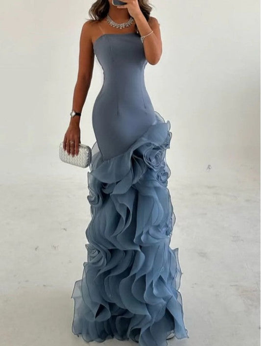 Dusty Blue Mermaid Strapless  Long Tulle Prom Dress with Ruffle Evening Gowns ED02269