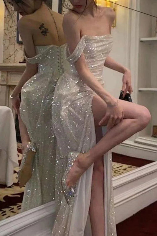 Elegant A-Line Off the Shoulder Evening Gowns  Silver Sequins Long Prom Dress with Split Front  ED02270
