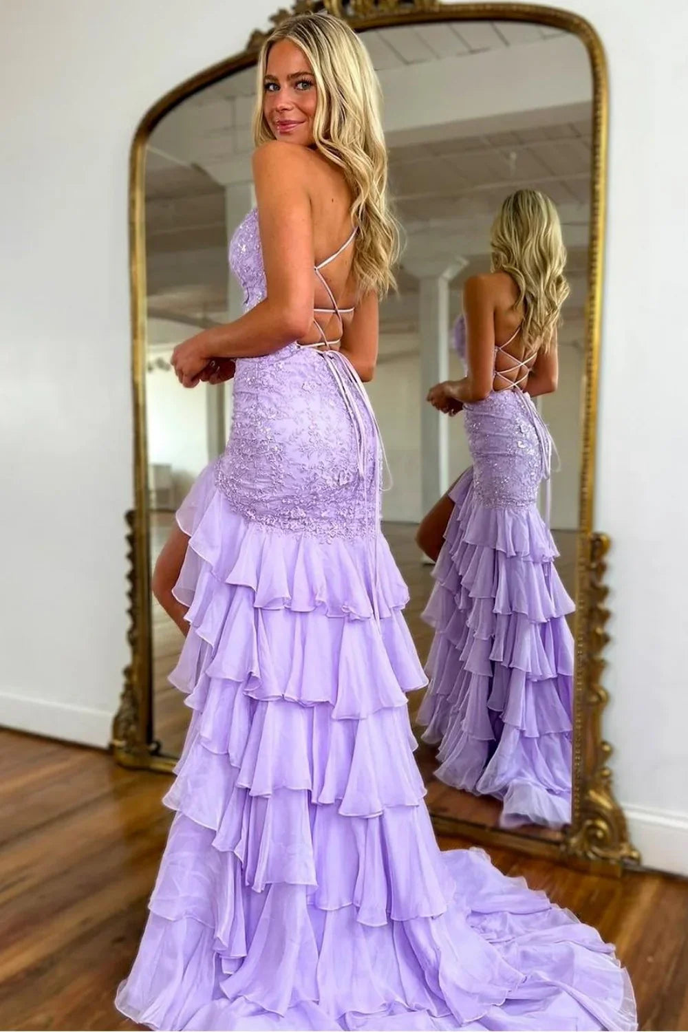 Stunning Lilac Mermaid Spaghetti Straps Silt Prom Dress Backless Lace Applique Evening Dress with Ruffles ED02271