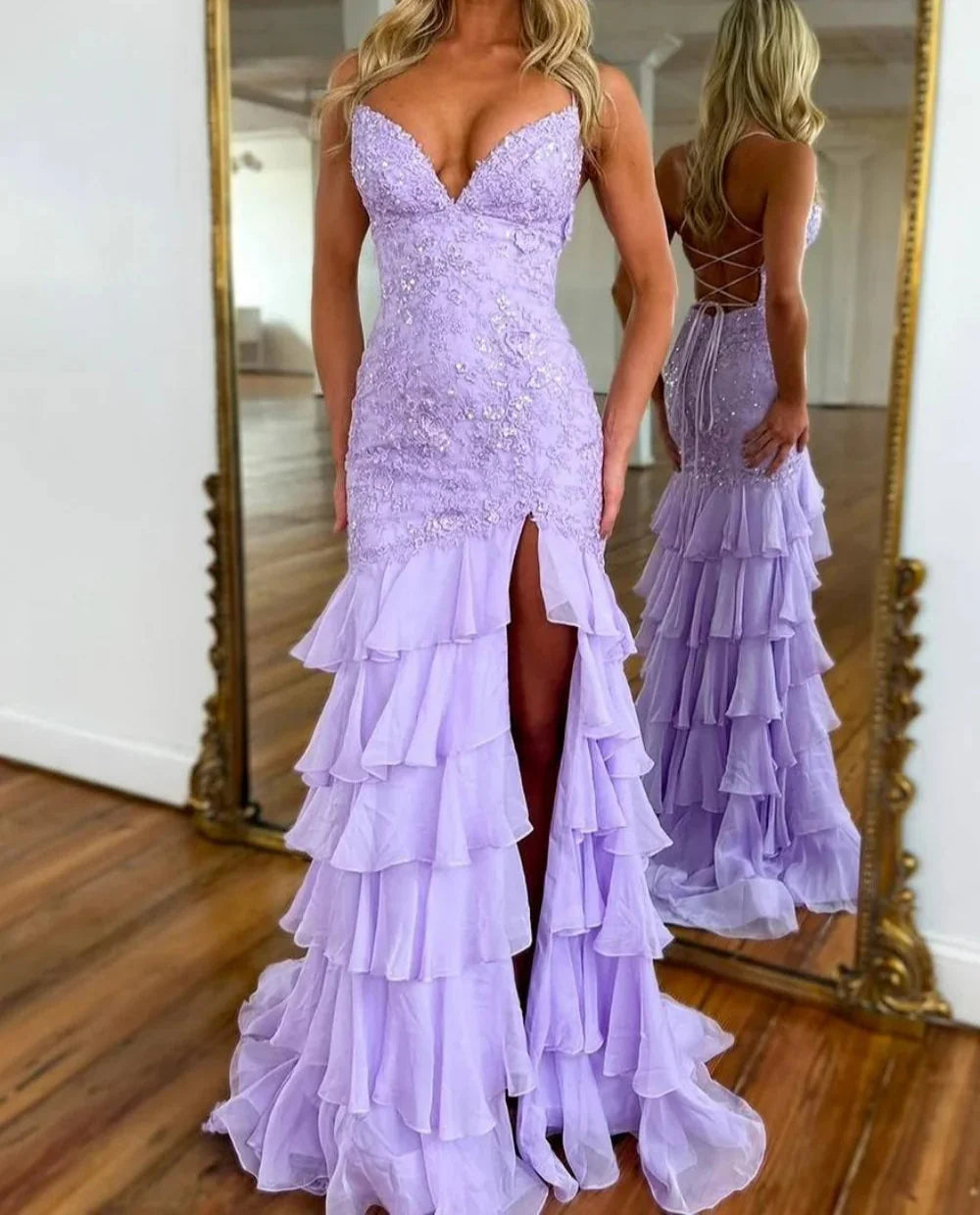 Stunning Lilac Mermaid Spaghetti Straps Silt Prom Dress Backless Lace Applique Evening Dress with Ruffles ED02271